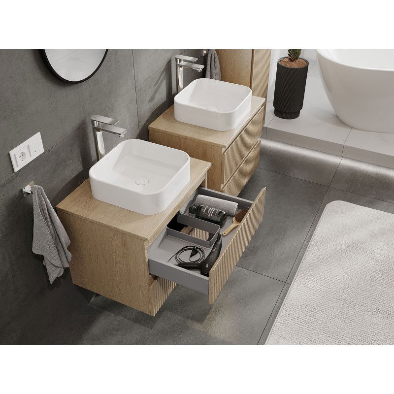 Mexen Rivel meuble de salle de bain sous lavabo 60 cm avec plateau, 2 tiroirs, rainuré, chêne - 91A20-06047-2-BFFC81