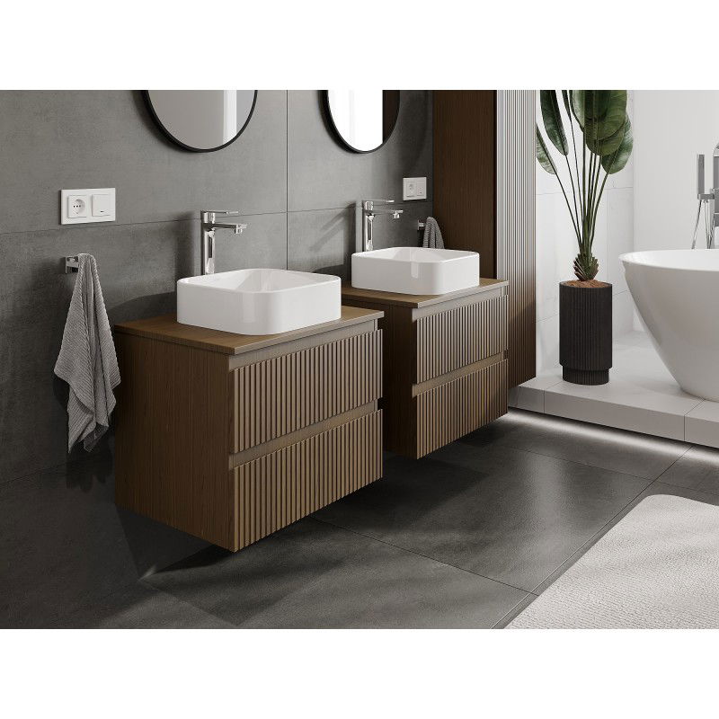 Mexen Rivel bathroom cabinet for washbasin 60 cm with countertop, 2 drawers, grooved, walnut - 91A20-06047-2-BFFC86