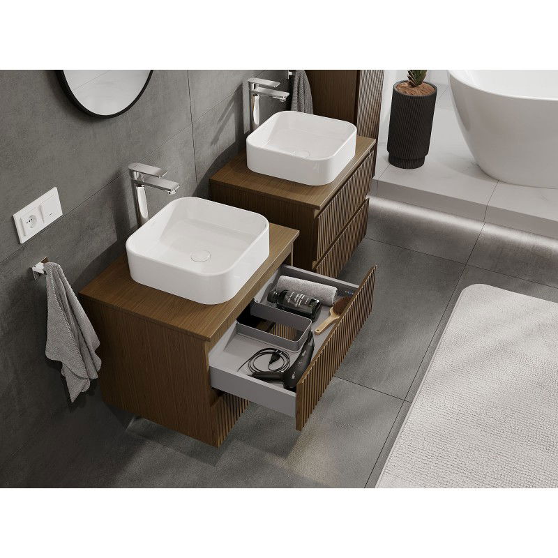 Mexen Rivel bathroom cabinet for washbasin 60 cm with countertop, 2 drawers, grooved, walnut - 91A20-06047-2-BFFC86