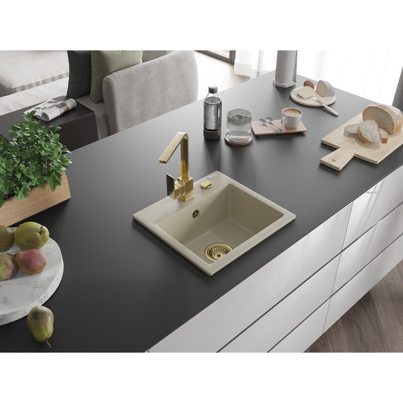 Mexen Milo Granite Kitchen Sink 1-Bowl with Rita Tap, Beige - 6505-69-670300-50