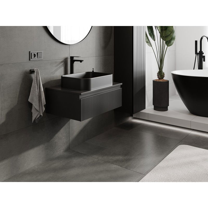 Mexen Rivel meuble de salle de bains sous-vasque 70 cm avec plateau, 1 tiroir, rainuré, noir mat - 91A20-07023-1-BFC71