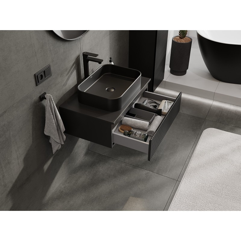 Mexen Rivel Badezimmer-Unterschrank 70 cm mit Arbeitsplatte, 1 Schublade, gerillt, schwarz matt - 91A20-07023-1-BFC71