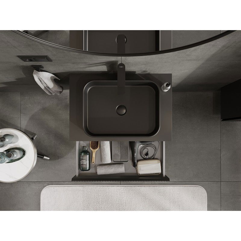 Mexen Rivel meuble de salle de bains sous-vasque 70 cm avec plateau, 1 tiroir, rainuré, noir mat - 91A20-07023-1-BFC71