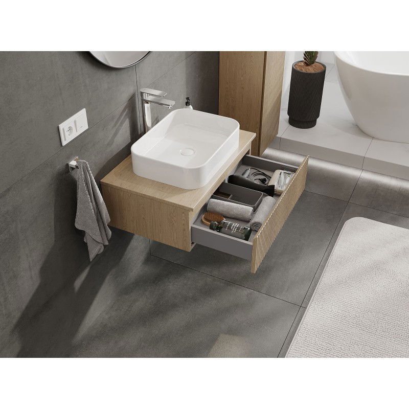 Mexen Rivel bathroom cabinet under sink 70 cm with countertop, 1 drawer, fluted, oak - 91A20-07023-1-BFC81