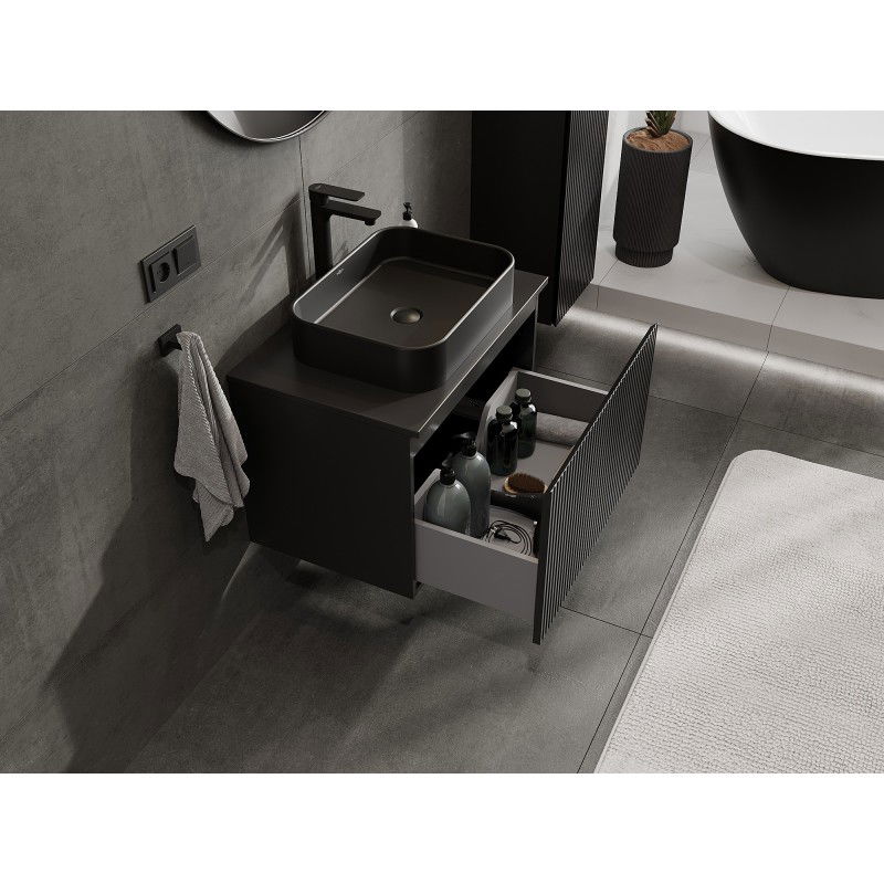 Mexen Rivel 70 cm bathroom cabinet with countertop, 1 drawer, grooved, matte black - 91A20-07047-1-BFC71