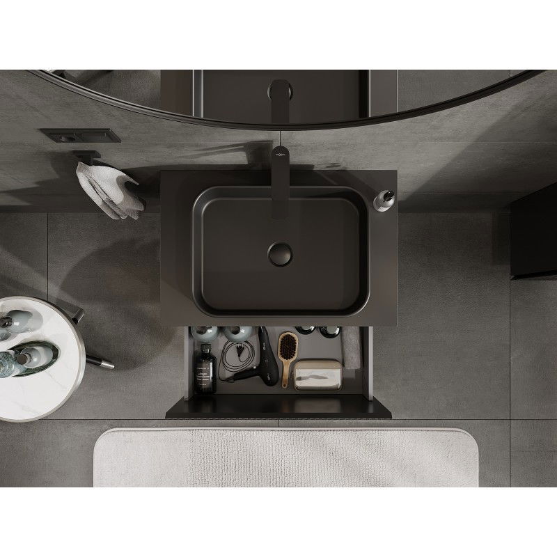 Mexen Rivel kopalnica omarica za umivalnik 70 cm z delovno površino, 1 predal, brazdana, črna mat - 91A20-07047-1-BFC71