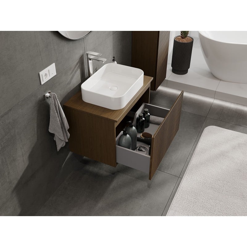 Mexen Rivel Bathroom Cabinet 70 cm with Countertop, 1 Drawer, Fluted, Walnut - 91A20-07047-1-BFC86