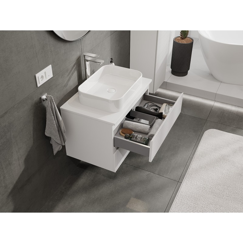 Mexen Rivel szafka łazienkowa podumywalkowa 70 cm z blatem, 2 szuflady, ryflowana , biała mat - 91A20-07047-2-BFFC01