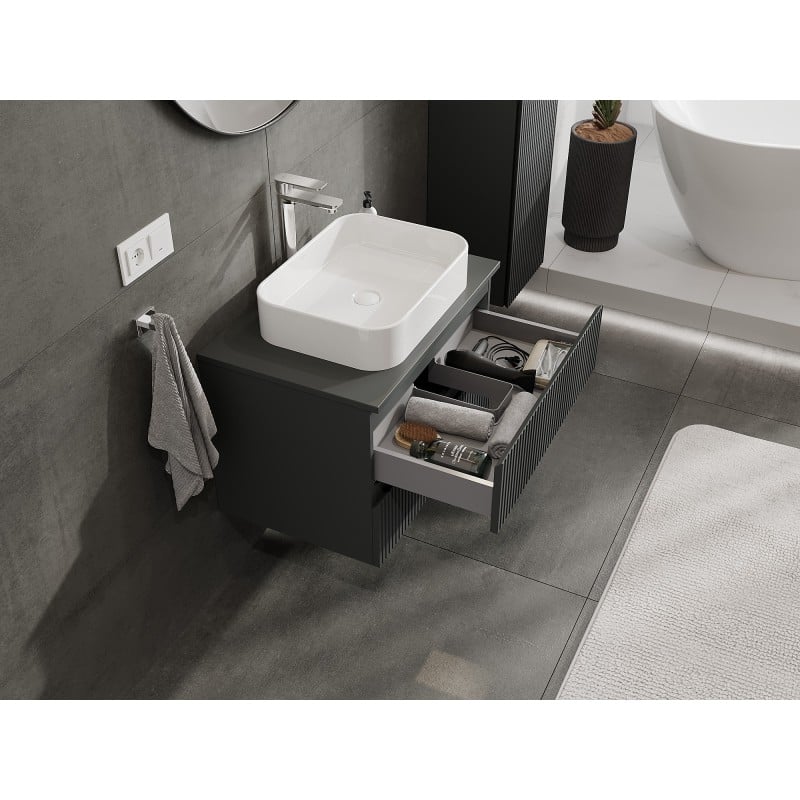 Mexen Rivel szafka łazienkowa podumywalkowa 70 cm z blatem, 2 szuflady, ryflowana , grafit mat - 91A20-07047-2-BFFC66