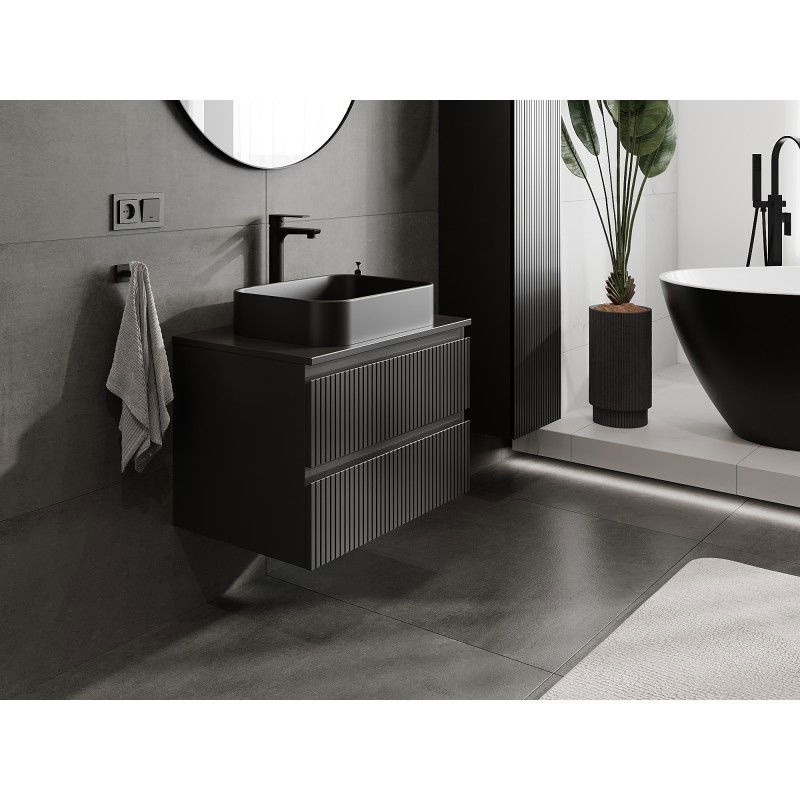 Mexen Rivel armoire de salle de bain sous lavabo 70 cm avec plateau, 2 tiroirs, rainurée, noir mat - 91A20-07047-2-BFFC71