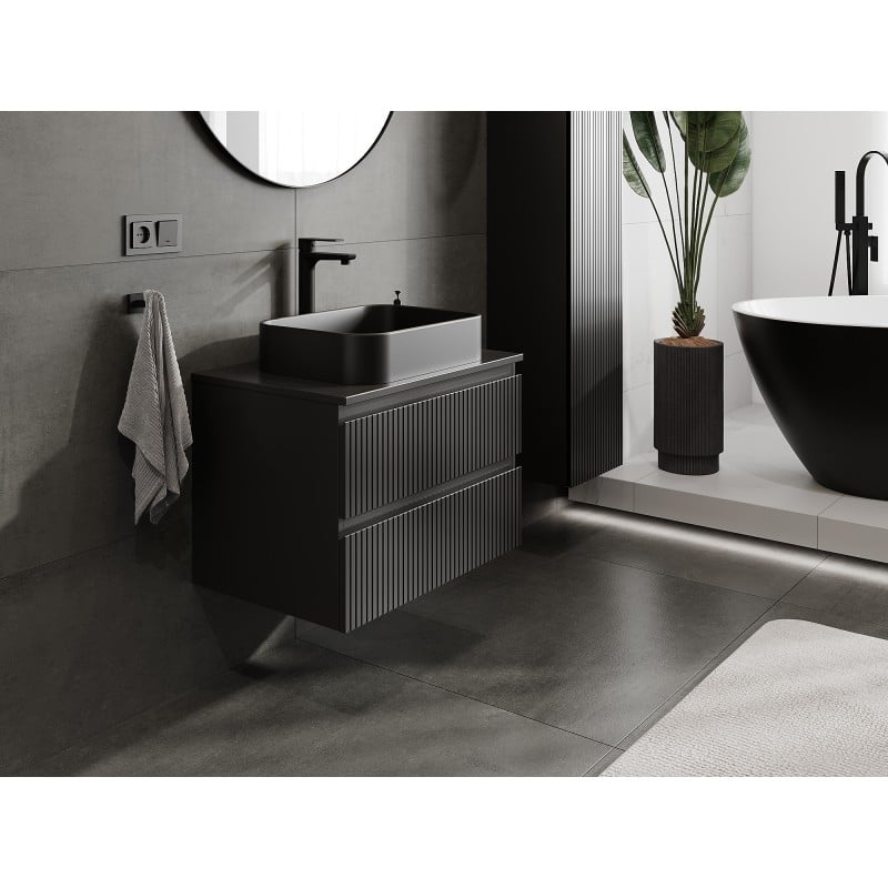 Mexen Rivel szafka łazienkowa podumywalkowa 70 cm z blatem, 2 szuflady, ryflowana , czarna mat - 91A20-07047-2-BFFC71