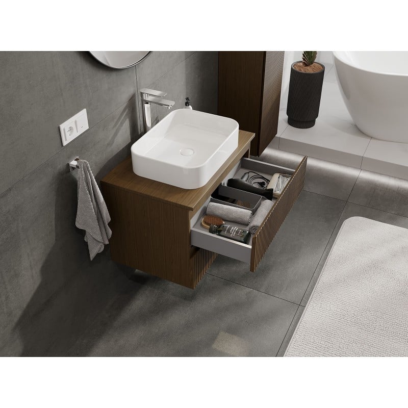 Mexen Rivel szafka łazienkowa podumywalkowa 70 cm z blatem, 2 szuflady, ryflowana , orzech - 91A20-07047-2-BFFC86