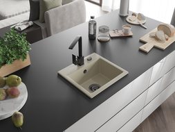 Mexen Milo évier en granit 1 bac avec robinet de cuisine Rita, beige - 6505-69-670300-70