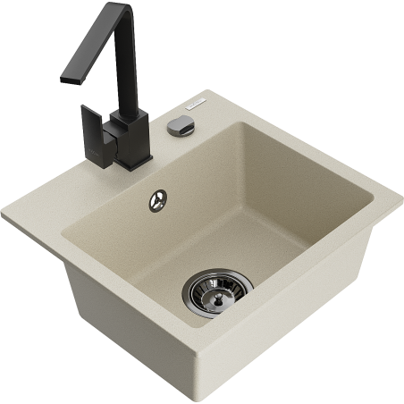 Mexen Milo granite sink single-bowl with kitchen faucet Rita, beige - 6505-69-670300-70