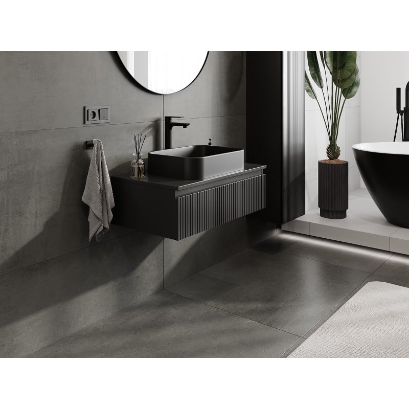 Mexen Rivel szafka łazienkowa podumywalkowa 80 cm z blatem, 1 szuflada, ryflowana , czarna mat - 91A20-08023-1-BFC71