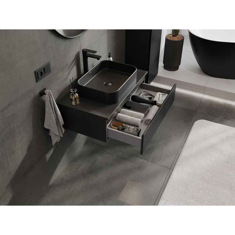 Mexen Rivel mueble de baño bajo lavabo de 80 cm con encimera, 1 cajón, ranurado, negro mate - 91A20-08023-1-BFC71