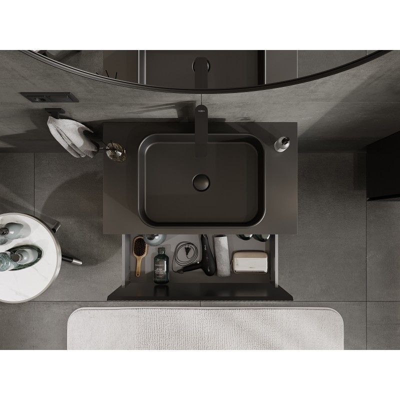 Mexen Rivel mueble de baño bajo lavabo de 80 cm con encimera, 1 cajón, ranurado, negro mate - 91A20-08047-1-BFC71