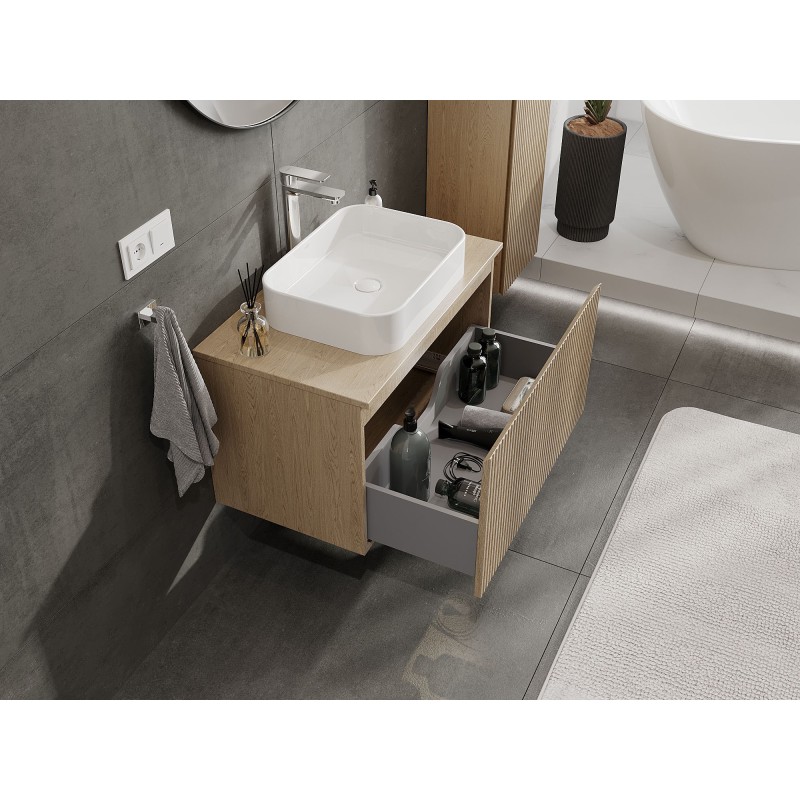 Mexen Rivel szafka łazienkowa podumywalkowa 80 cm z blatem, 1 szuflada, ryflowana , dąb - 91A20-08047-1-BFC81