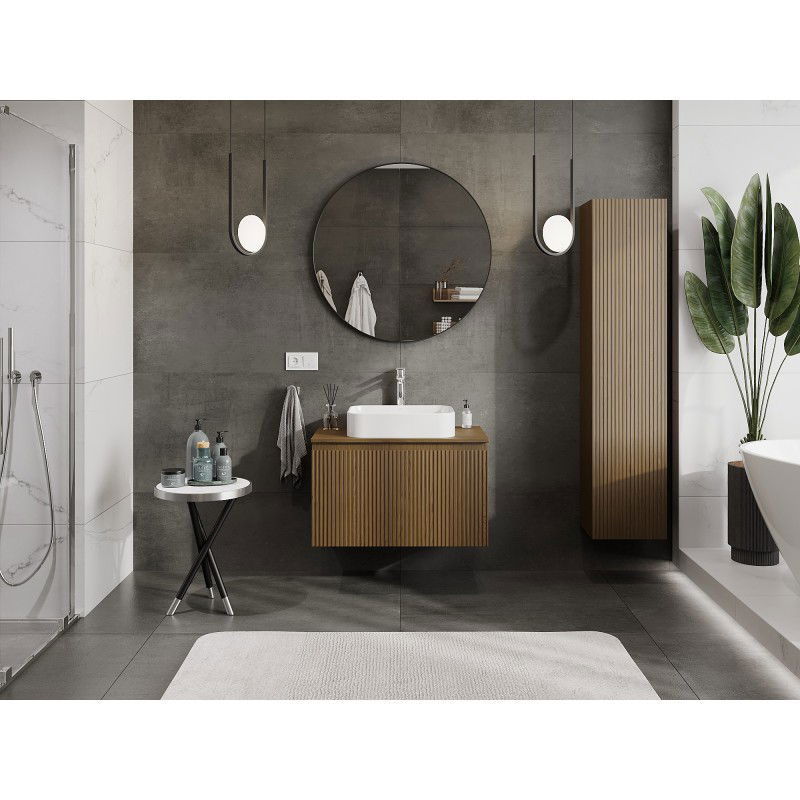 Mexen Rivel Badezimmerschrank unter Waschbecken 80 cm mit Arbeitsplatte, 1 Schublade, geriffelt, Walnuss - 91A20-08047-1-BFC86