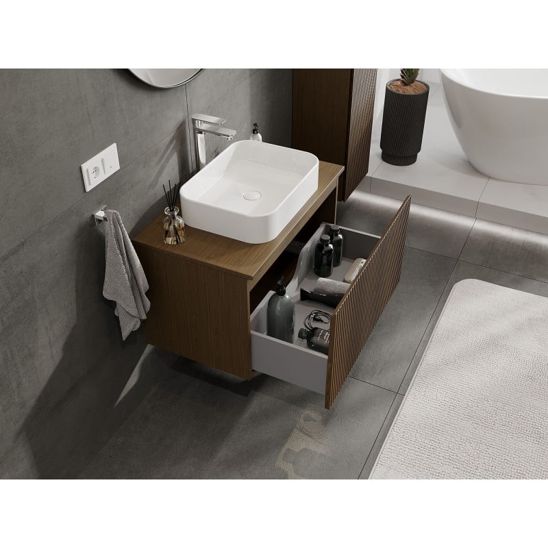 Mexen Rivel szafka łazienkowa podumywalkowa 80 cm z blatem, 1 szuflada, ryflowana , orzech - 91A20-08047-1-BFC86