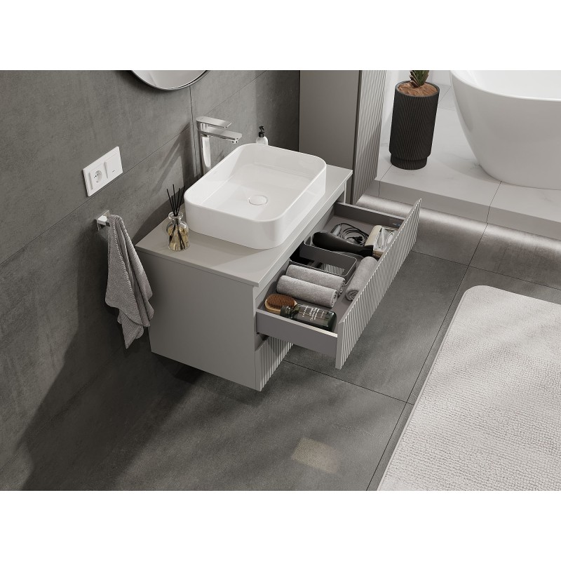 Mexen Rivel szafka łazienkowa podumywalkowa 80 cm z blatem, 2 szuflady, ryflowana , szara mat - 91A20-08047-2-BFFC62