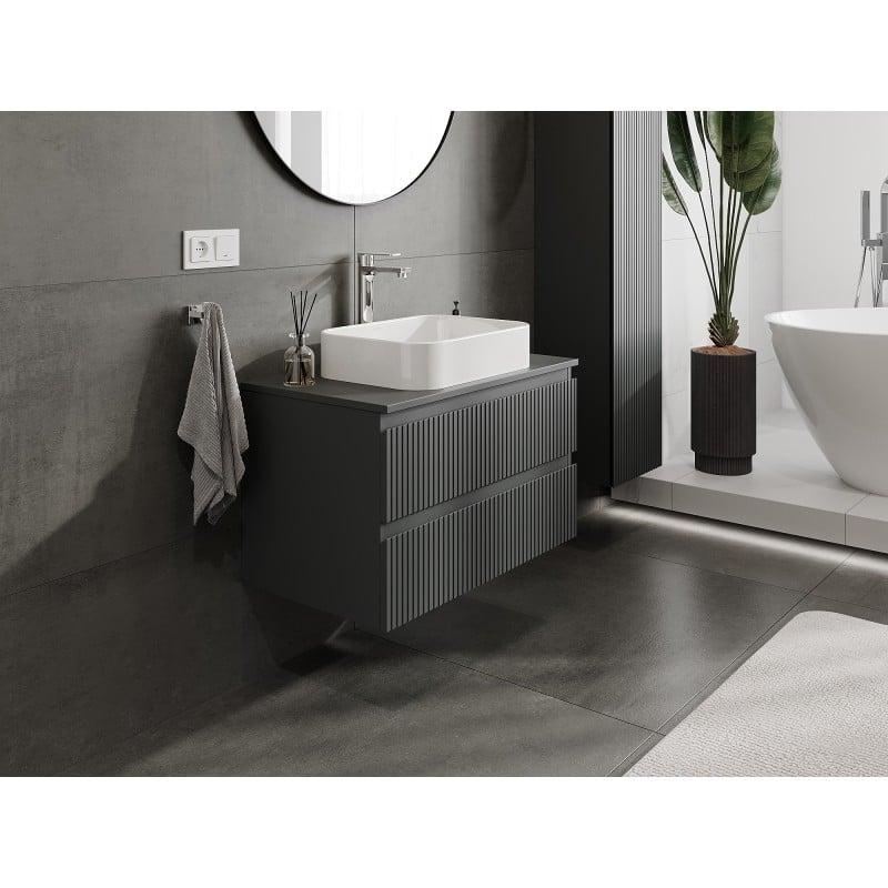 Mexen Rivel armoire de salle de bain sous lavabo 80 cm avec plateau, 2 tiroirs, cannelé, graphite mat - 91A20-08047-2-BFFC66