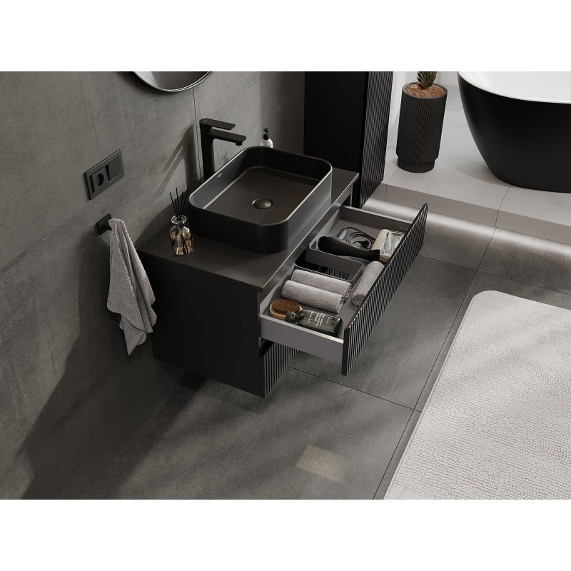 Mexen Rivel bathroom under-sink cabinet 80 cm with countertop, 2 drawers, fluted, black matte - 91A20-08047-2-BFFC71