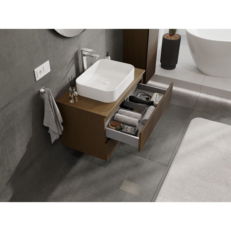 Mexen Rivel meuble de salle de bain sous-lavabo 80 cm avec plateau, 2 tiroirs, rainuré, noyer - 91A20-08047-2-BFFC86