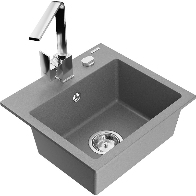 Mexen Milo fregadero de granito de 1 compartimento con grifo de cocina Rita, gris - 6505-71-670300-00