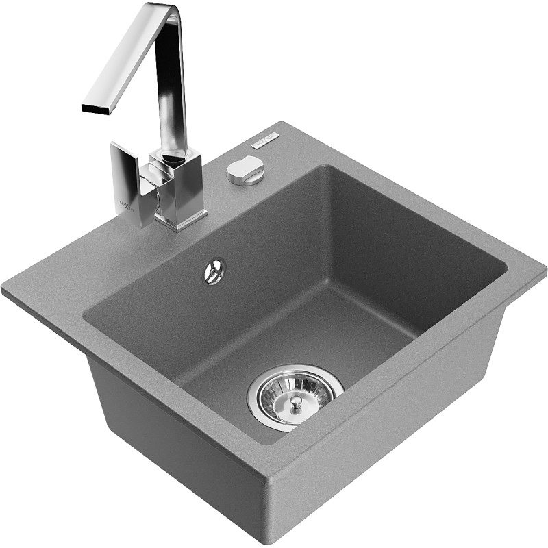 Mexen Milo fregadero de granito de 1 cubeta con grifo de cocina Rita, gris - 6505-71-670300-00