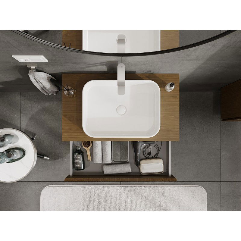 Mexen Rivel 80 cm bathroom cabinet with countertop, 2 drawers, fluted, walnut - 91A20-08047-2-BFFC86