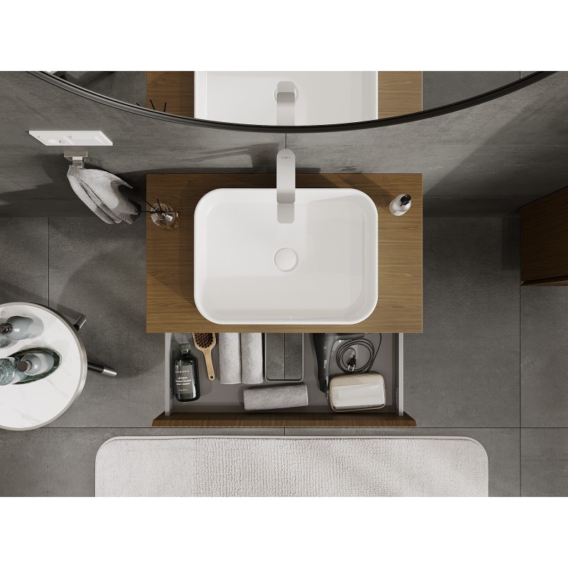 Mexen Rivel mueble de baño con lavabo de 80 cm con encimera, 2 cajones, acanalado, nogal - 91A20-08047-2-BFFC86