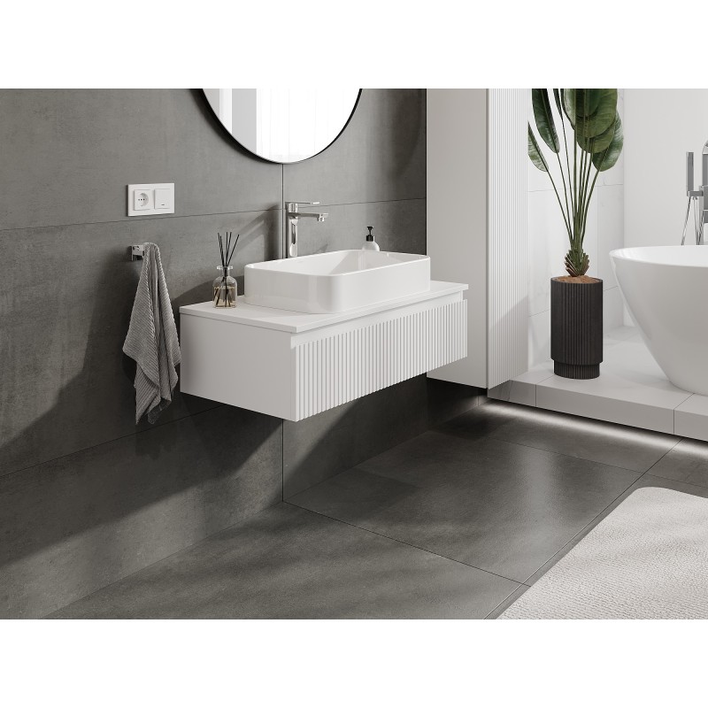 Mexen Rivel szafka łazienkowa podumywalkowa 90 cm z blatem, 1 szuflada, ryflowana , biała mat - 91A20-09023-1-BFC01