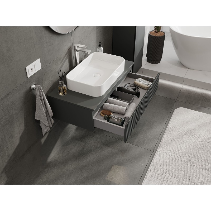 Mexen Rivel szafka łazienkowa podumywalkowa 90 cm z blatem, 1 szuflada, ryflowana , grafit mat - 91A20-09023-1-BFC66