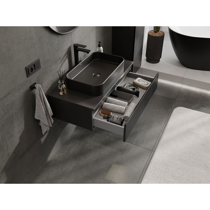 Mexen Rivel armoire de salle de bain sous-lavabo 90 cm avec dessus, 1 tiroir, rainurée, noir mat - 91A20-09023-1-BFC71