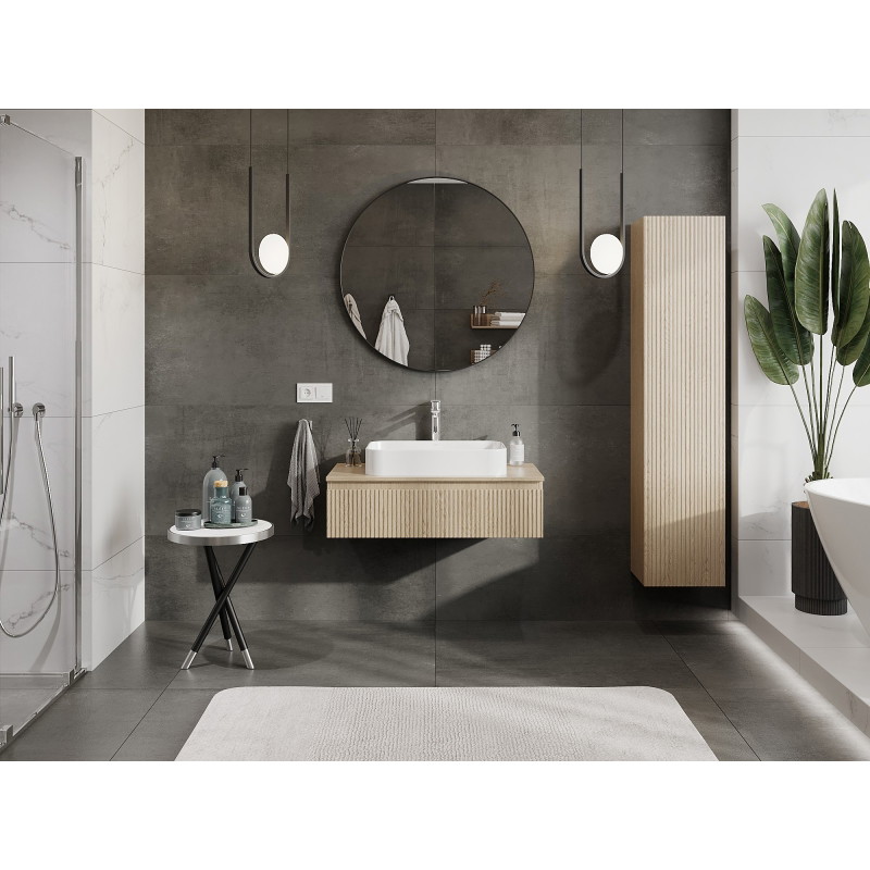 Mexen Rivel vannitoamööbli kapp 90 cm lauaplaadiga, 1 sahtel, rihveldatud, tamm - 91A20-09023-1-BFC81