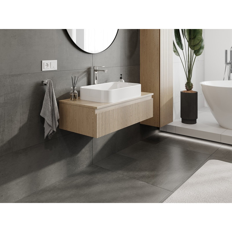Mexen Rivel vannitoamööbli kapp 90 cm lauaplaadiga, 1 sahtel, rihveldatud, tamm - 91A20-09023-1-BFC81