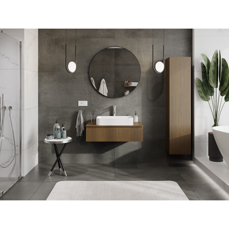 Mexen Rivel szafka łazienkowa podumywalkowa 90 cm z blatem, 1 szuflada, ryflowana , orzech - 91A20-09023-1-BFC86