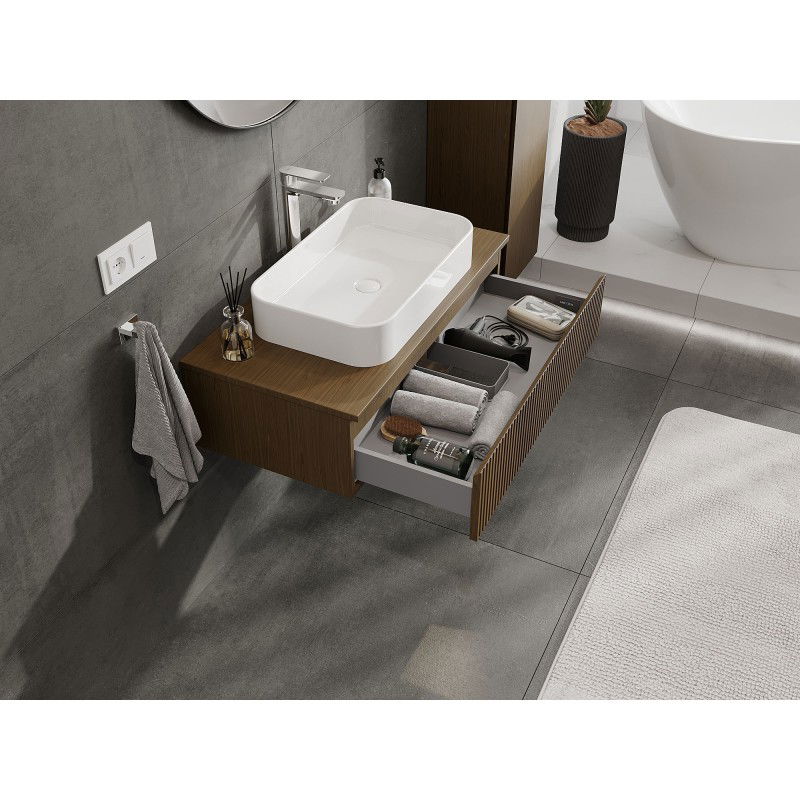 Mexen Rivel Bathroom Cabinet Under Sink 90 cm with Countertop, 1 Drawer, Grooved, Walnut - 91A20-09023-1-BFC86