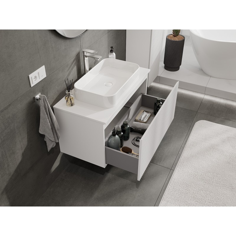 Mexen Rivel armario de baño bajo lavabo de 90 cm con encimera, 1 cajón, acanalado, blanco mate - 91A20-09047-1-BFC01