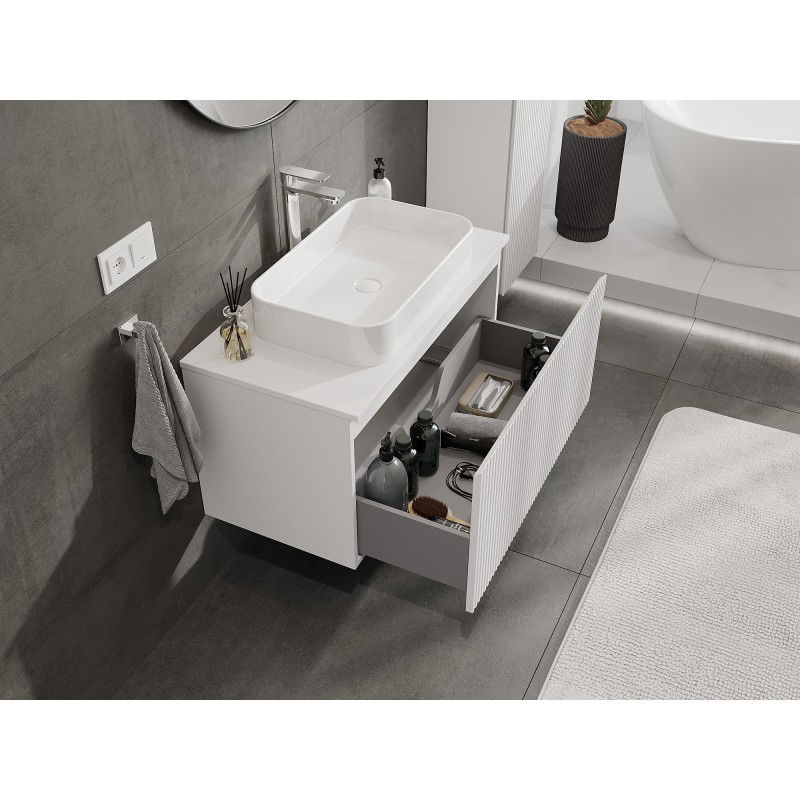 Mexen Rivel bathroom cabinet under-sink 90 cm with countertop, 1 drawer, fluted, white matte - 91A20-09047-1-BFC01
