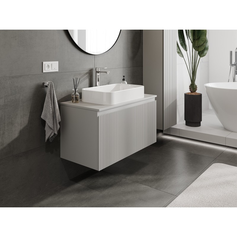 Mexen Rivel szafka łazienkowa podumywalkowa 90 cm z blatem, 1 szuflada, ryflowana , szara mat - 91A20-09047-1-BFC62