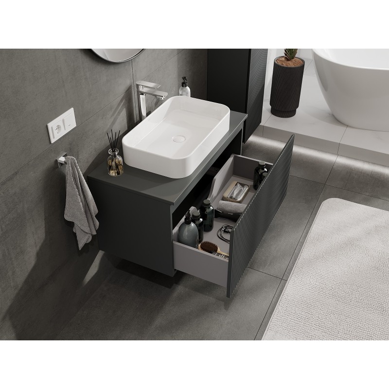Mexen Rivel szafka łazienkowa podumywalkowa 90 cm z blatem, 1 szuflada, ryflowana , grafit mat - 91A20-09047-1-BFC66