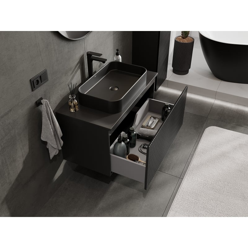 Mexen Rivel meuble-lavabo de salle de bain 90 cm avec plateau, 1 tiroir, rainuré, noir mat - 91A20-09047-1-BFC71