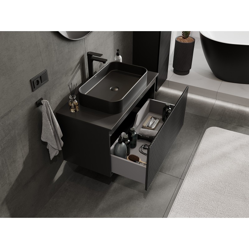Mexen Rivel mueble de baño bajo lavabo de 90 cm con encimera, 1 cajón, acanalado, negro mate - 91A20-09047-1-BFC71