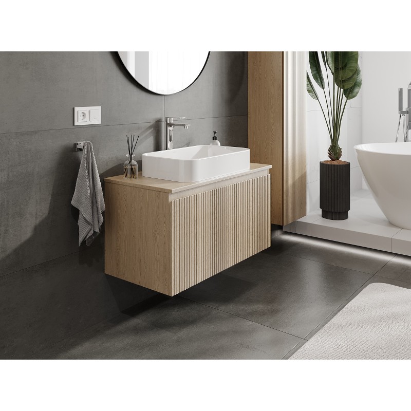 Mexen Rivel 90 cm leveä kylpyhuonekaappi tasolla, 1 laatikko, uurrettu, tammi - 91A20-09047-1-BFC81