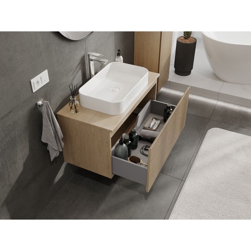 Mexen Rivel szafka łazienkowa podumywalkowa 90 cm z blatem, 1 szuflada, ryflowana , dąb - 91A20-09047-1-BFC81