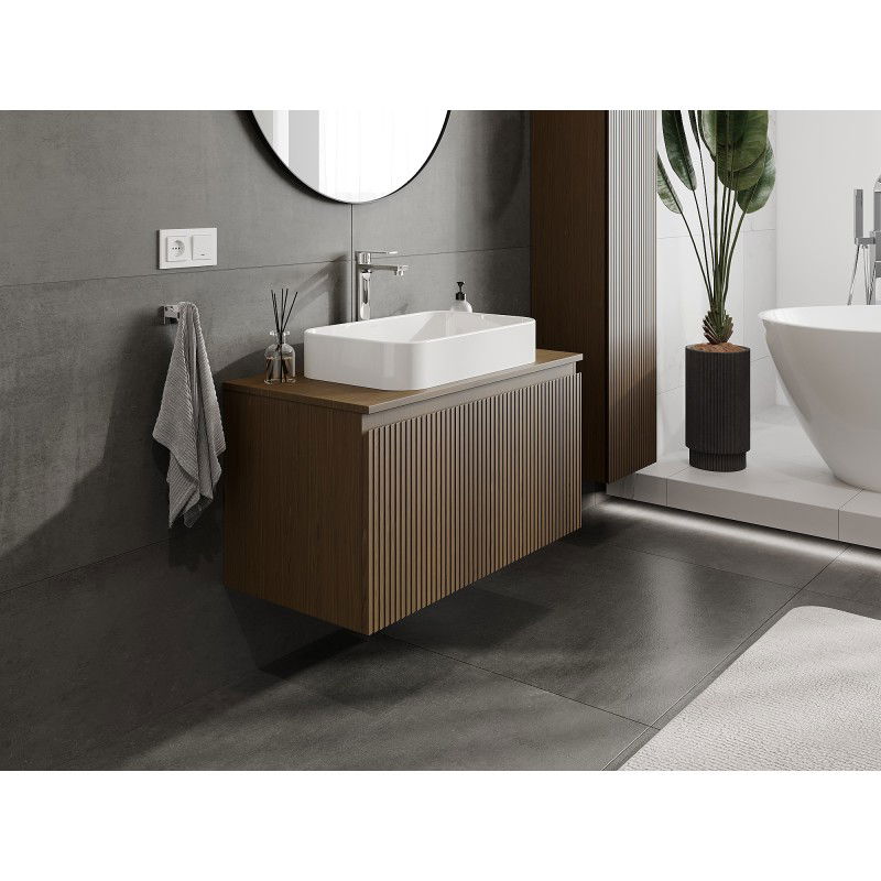 Mexen Rivel 90 cm Under-Sink Bathroom Cabinet with Countertop, 1 Drawer, Grooved, Walnut - 91A20-09047-1-BFC86