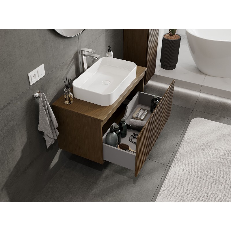 Mexen Rivel mueble de baño bajo lavabo de 90 cm con encimera, 1 cajón, acanalado, nogal - 91A20-09047-1-BFC86