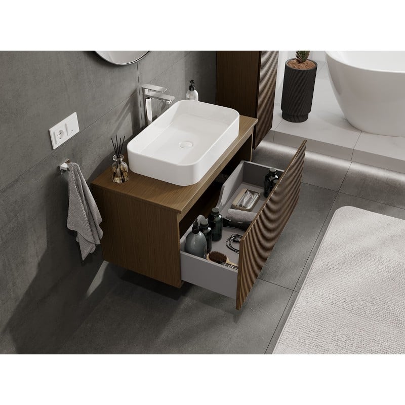 Mexen Rivel szafka łazienkowa podumywalkowa 90 cm z blatem, 1 szuflada, ryflowana , orzech  - 91A20-09047-1-BFC86